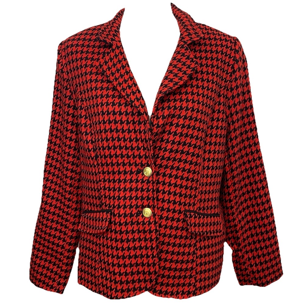 Joan Rivers Red Houndstooth Blazer Jacket‎ Gold Buttons Sz 12  Business Casual